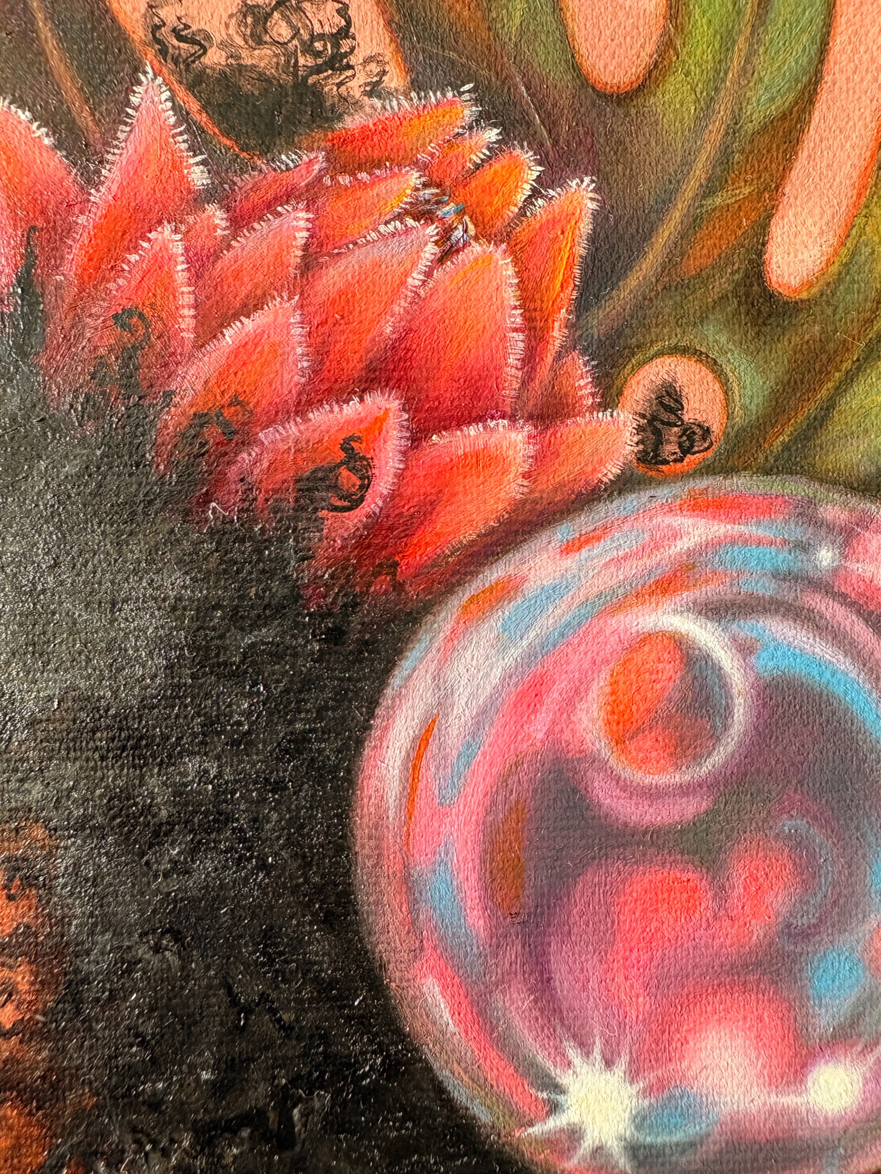 Detail from Light Finds Me showing a bubble and tropical flower